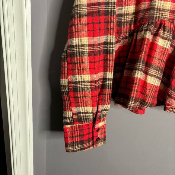 Hyfve Red Plaid Flannel Button Front Blouse With Peplum Design Size Small - Picture 3 of 7